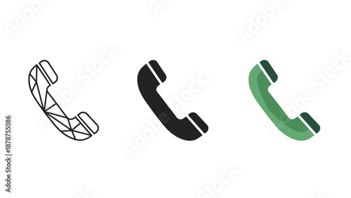 Three telephone handsets in black line green and white on plain background