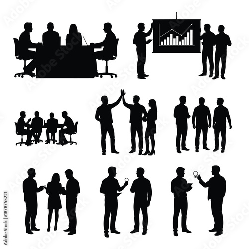 Business professionals collaborating and presenting in various office settings with colleagues and clients