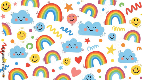 Whimsical illustration of rainbows, clouds, and smiley faces in a vibrant pattern