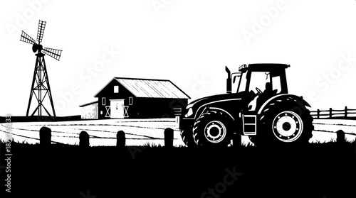 Classic farm scene in black silhouette, featuring a detailed tractor illustration with bold lines and minimal shading, set against a backdrop of a rustic wooden fence in the foreground, with a traditi