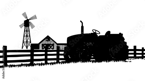 Classic farm scene in black silhouette, featuring a detailed tractor illustration with bold lines and minimal shading, set against a backdrop of a rustic wooden fence in the foreground, with a traditi