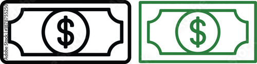Two stylized dollar bill icons one in black and white and the other in green are prominently displayed on transparent background high-quality professional detailed modern