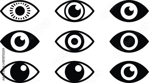 A collection of nine black and white stylized eye illustrations with varying perspectives and details perfect for design projects on transparent background high-quality professional detailed