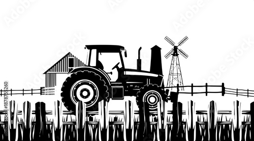 Classic farm scene in black silhouette, featuring a detailed tractor illustration with bold lines and minimal shading, set against a backdrop of a rustic wooden fence in the foreground, with a traditi