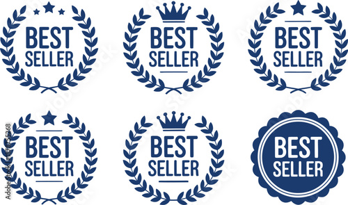 Set of blue best seller badge icons with laurel wreath and crown symbols for top rated product marketing and retail quality assurance