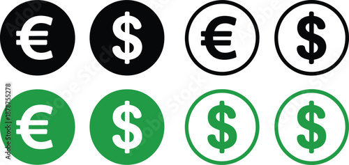 Set of dollar and euro currency symbol icons in black and green circles for financial business and global economy concepts