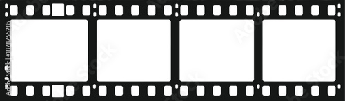 A strip of photographic film with four empty frames featuring sprocket holes presented in a simplified style on transparent background high-quality professional detailed modern elegant