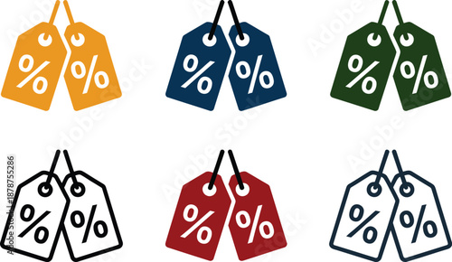Colorful hanging discount price tag icon set with percentage symbol for retail shopping sale and promotional marketing offer isolated on white background