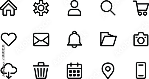 A collection of sleek linear icons depicting common website and application functions including home settings user search and cart on transparent background high-quality professional detailed

