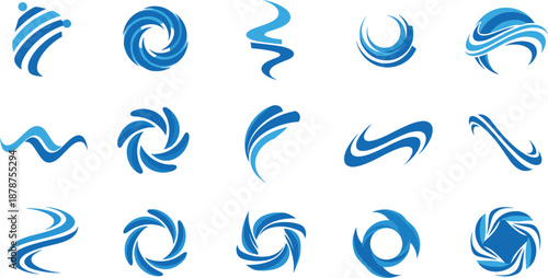 Abstract blue swirl and wave logo icons set for dynamic modern branding design