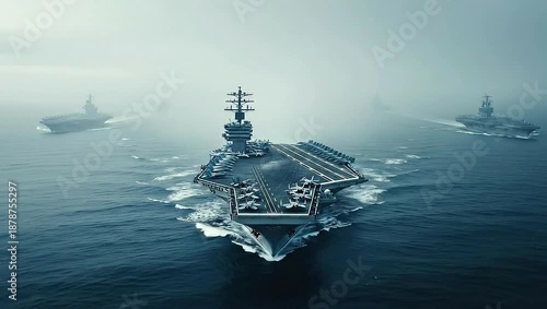 Massive Aircraft Carrier Leads Naval Fleet Through Foggy Waters.