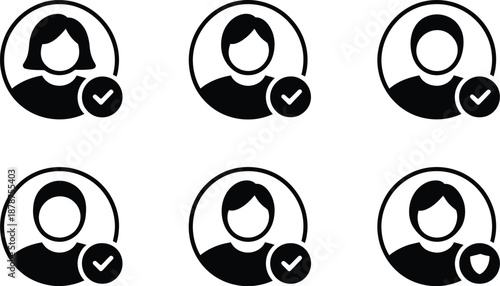 Six black and white icons of people wearing headsets on transparent background high-quality professional detailed modern elegant stylish