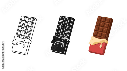 Three chocolate bars with melting caramel on white background varying line art and color styles