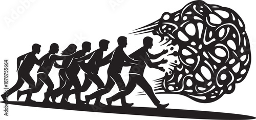 Silhouette of people running from abstract chaotic swirling mass