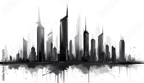 Abstract Cityscape Illustration with Shaded Buildings and Ink Drips 