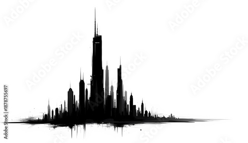 High Rise Skyscraper Silhouette in Ink Wash Style Isolated on White 