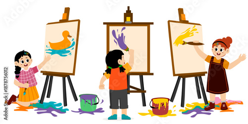 Funny little kids painting and coloring. Concept art. Art day. Colorful cartoon characters. Funny illustration. Isolated on white background