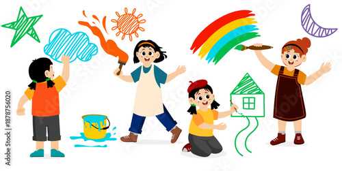 Funny little kids painting and coloring. Concept art. Art day. Colorful cartoon characters. Funny illustration. Isolated on white background