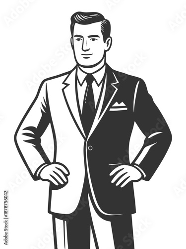 confident man in a suit standing with hands in pockets, symbolizing power and self-assurance sketch engraving generative ai fictional character vector illustration. Scratch board. Black and white.