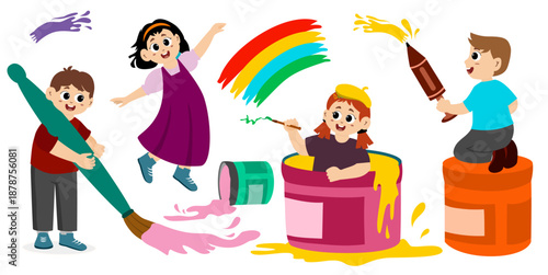 Funny little kids painting and coloring. Concept art. Art day. Colorful cartoon characters. Funny illustration. Isolated on white background