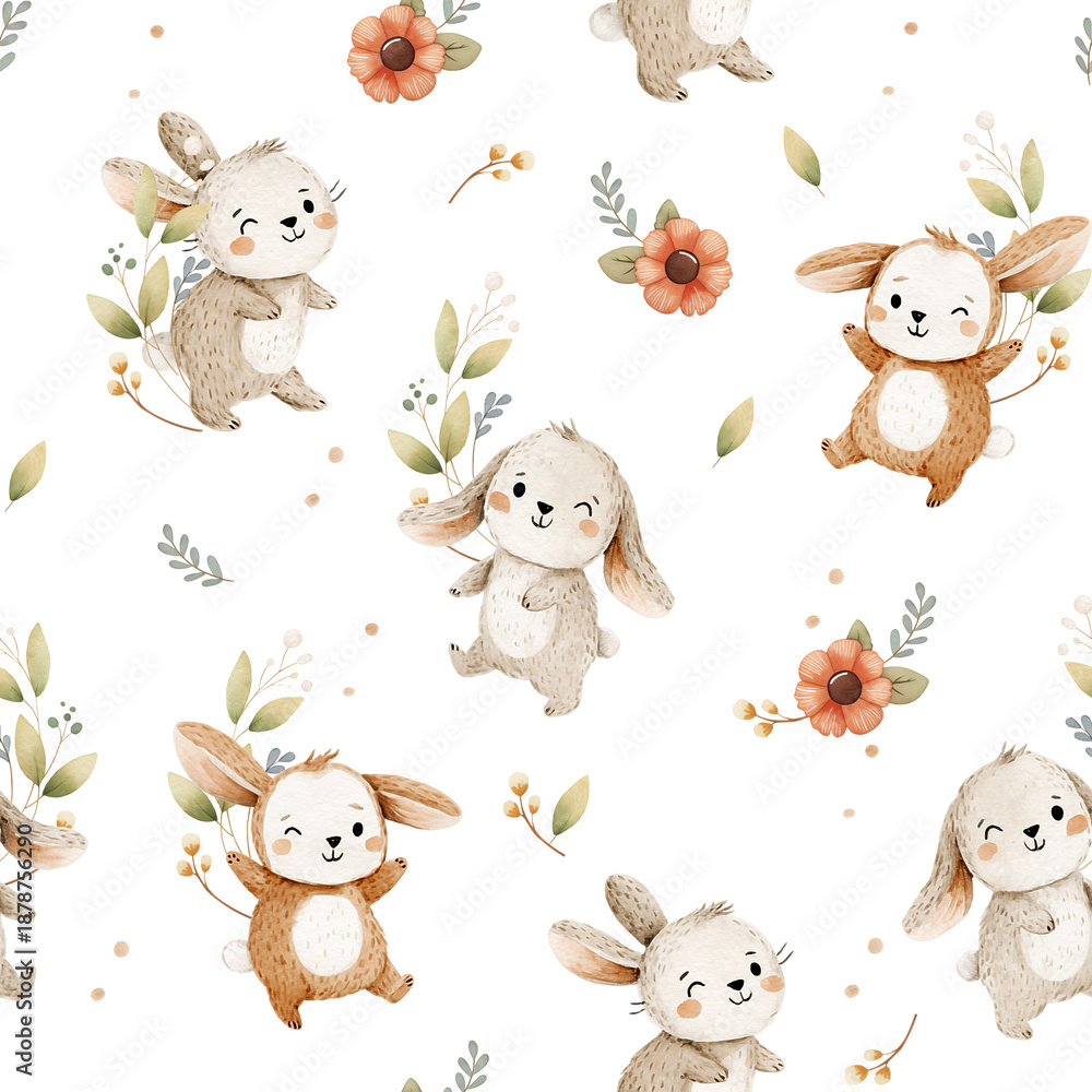 Fototapeta Spring seamless pattern design. Floral print with flowers and bunnies for fabrics, clothes, wallpaper, wrapping paper and baby clothes