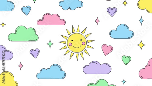 A cheerful sun surrounded by colorful clouds, hearts, and stars pattern illustration