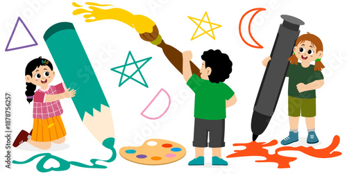 Funny little kids painting and coloring. Concept art. Art day. Colorful cartoon characters. Funny illustration. Isolated on white background