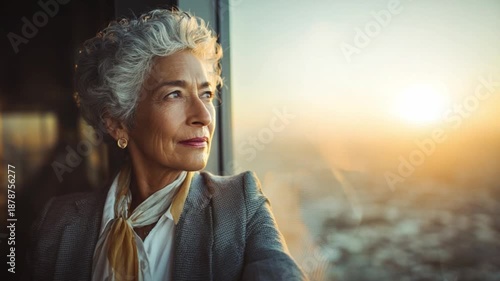 **Contemplative Serenity: An elder executive gazes pensively out of a vast window, absorbing the city sunset, revealing a portrait of thoughtfulness and experience.**