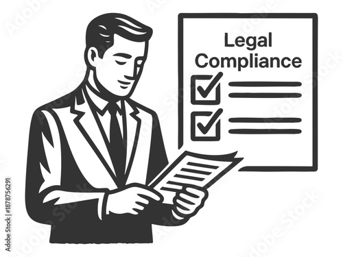 businessman reviewing a document with a legal compliance checklist in the background sketch engraving generative ai fictional character vector illustration. Scratch board imitation. Black and white.