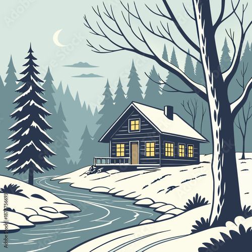 Quiet winter cabin near icy riverbank snow tree forest