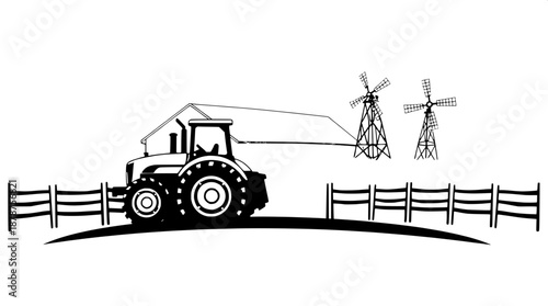 Simple farm logo illustration featuring a prominent tractor in the foreground with a rustic fence line curving behind it, a traditional barn and grain elevator in the mid-ground, and a classic windmil