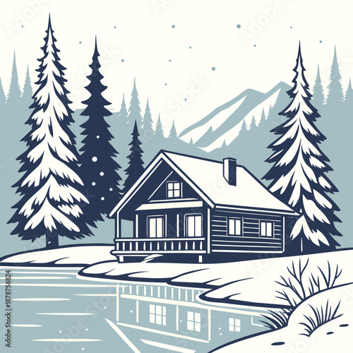 Wooden cabin on snowy lakeshore with tree reflection