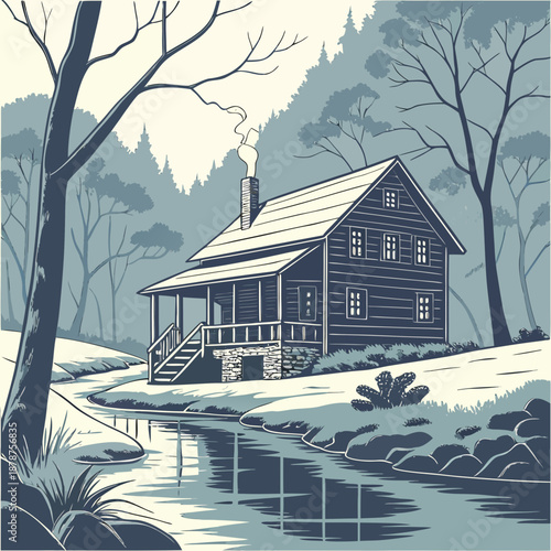 Wooden cabin surrounded by frost and water reflection