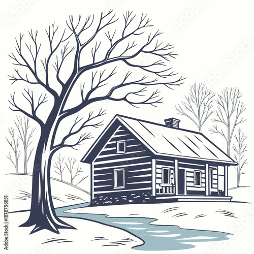 Rustic winter cabin scene with bare tree and stream