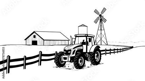 Simple farm logo illustration featuring a prominent tractor in the foreground with a rustic fence line curving behind it, a traditional barn and grain elevator in the mid-ground, and a classic windmil
