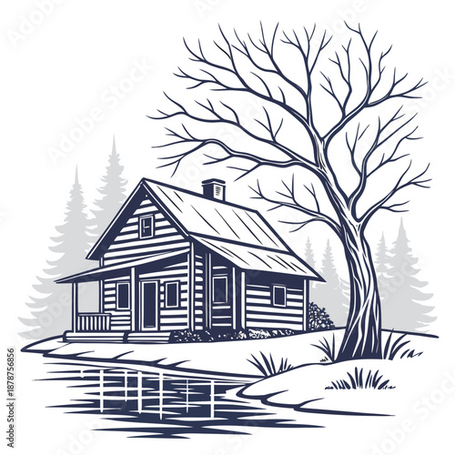 Rustic winter cabin scene with reflection and frosty tree