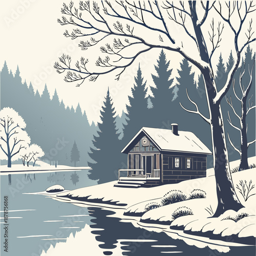 Small cabin near snowy lake with clear reflection and trees