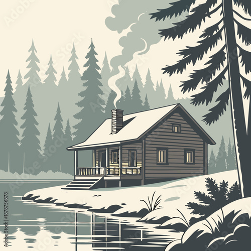Small cabin near snowy lake with clear reflection and trees 1