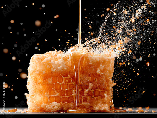 A hyper-realistic studio shot of a honeycomb dripping with honey on a black surface.