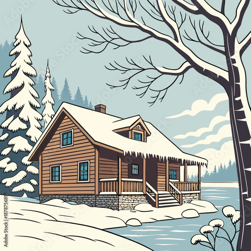 Wooden lakeside cabin under snowy winter sky with tree and lake