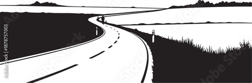 Black and white illustration of a winding country road