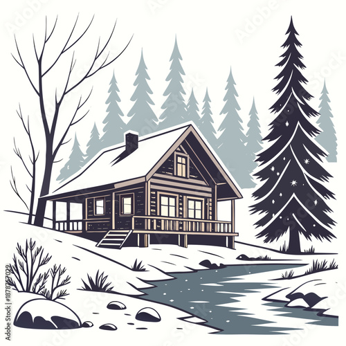 Wooden lakeside cabin in silent winter forest scene