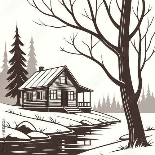 Wooden lakeside cabin in silent winter forest wooden cabin