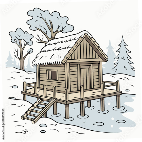 Rustic wooden hut on stilts with snow covered roof