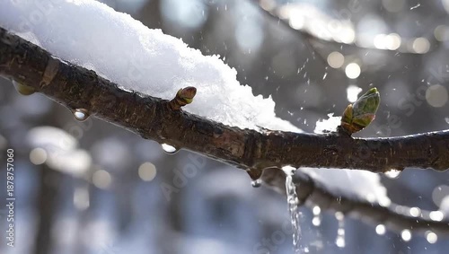 Melting Snow on Tree Branch with Water Droplets in Winter Forest.