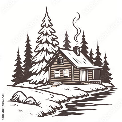 Small log cabin surrounded by snowy pine trees and a stream