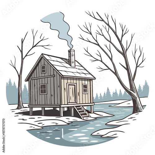 Rustic wooden hut on stilts over frozen water with bare trees