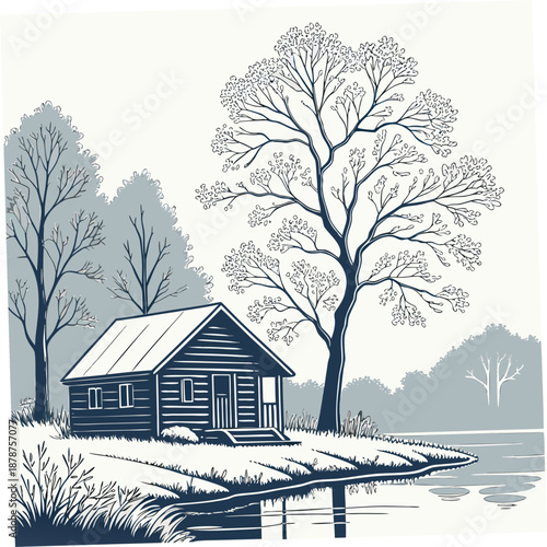 Small wooden lakeside cabin surrounded by frost and trees