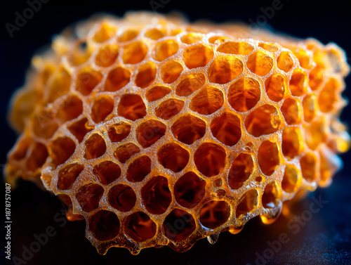 A hyper-realistic studio shot of a honeycomb dripping with honey on a black surface.