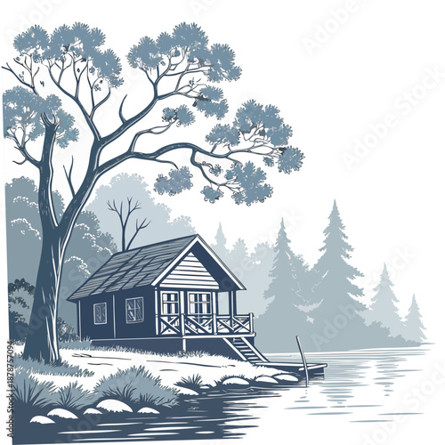 Small wooden lakeside cabin surrounded by frost